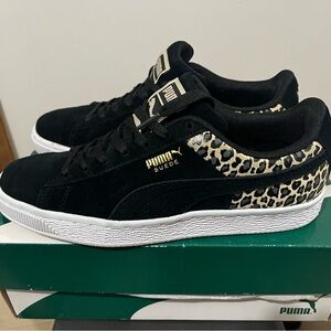 Puma Women's Black and Leopard Suede Sneakers